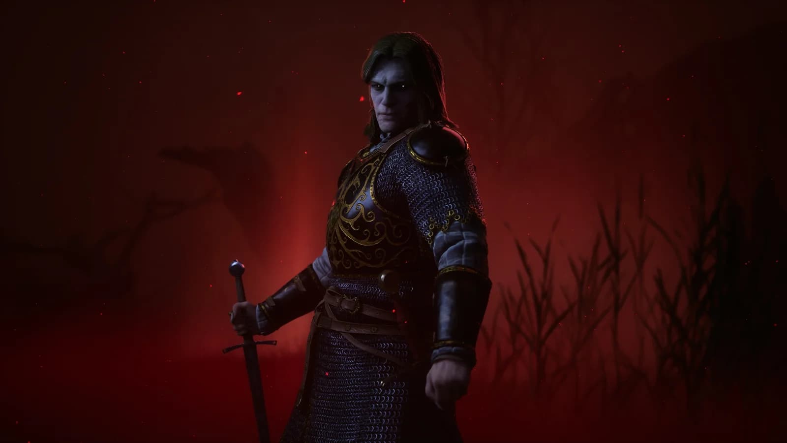 Ambrus poses in ornate armor against a red-lit background
