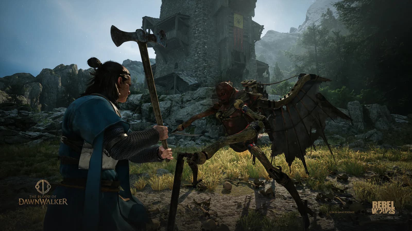 Coen fights an armored opponent in The Blood of Dawnwalker