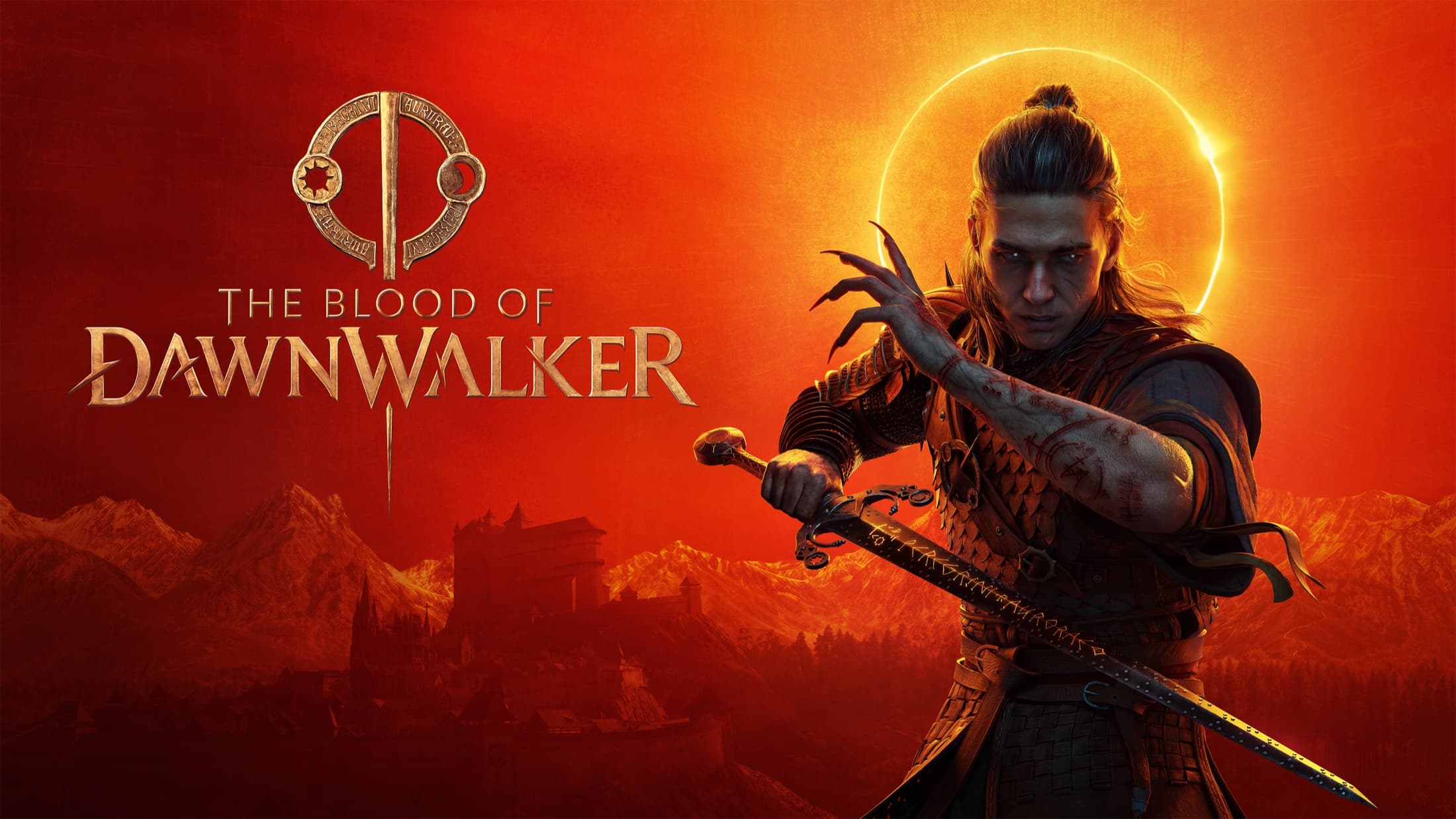 Coen stands before a solar eclipse in The Blood of Dawnwalker key art