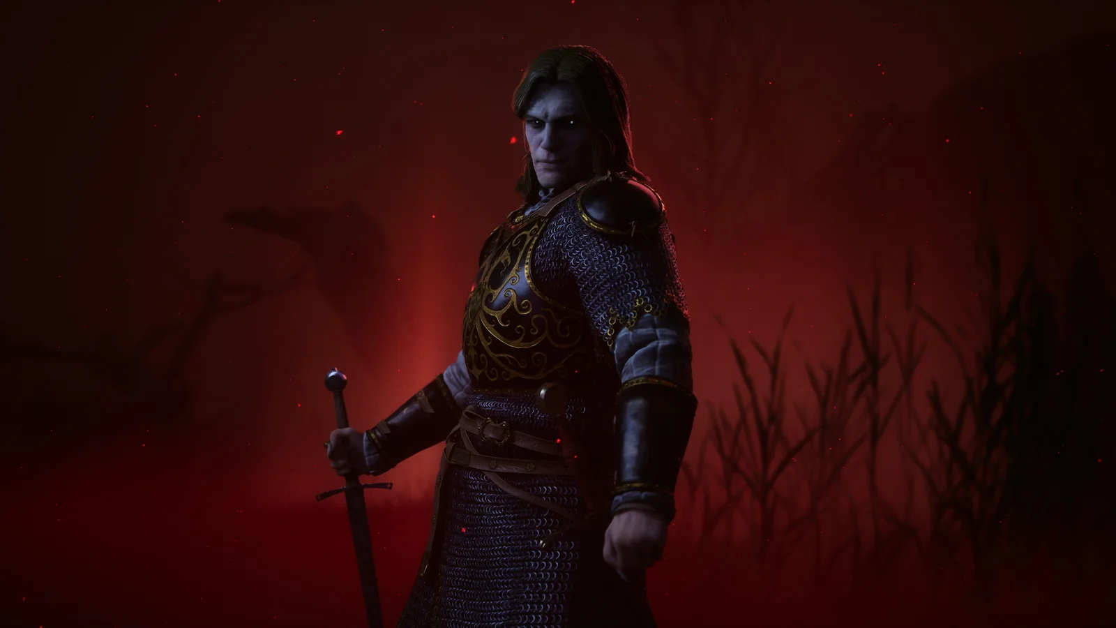 Ambrus poses in ornate armor against a red-lit background