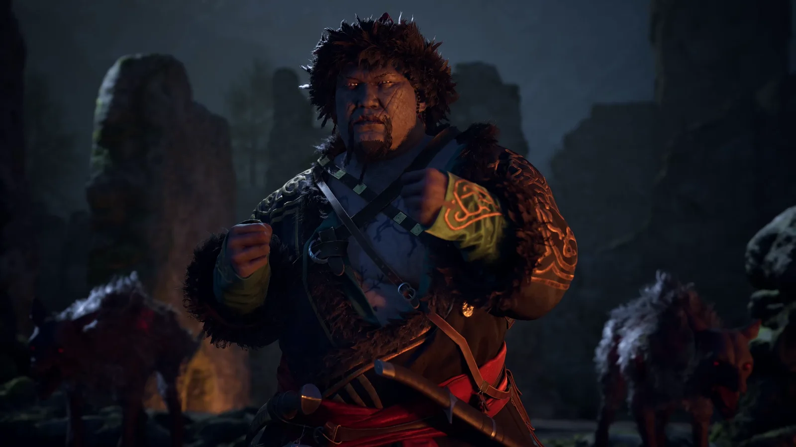 Bakir stands ready to fight among standing stones at night