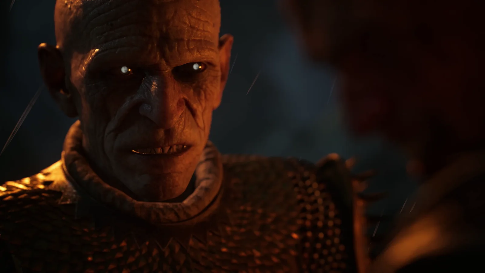 Brencis illuminated by fire during a rain-soaked confrontation
