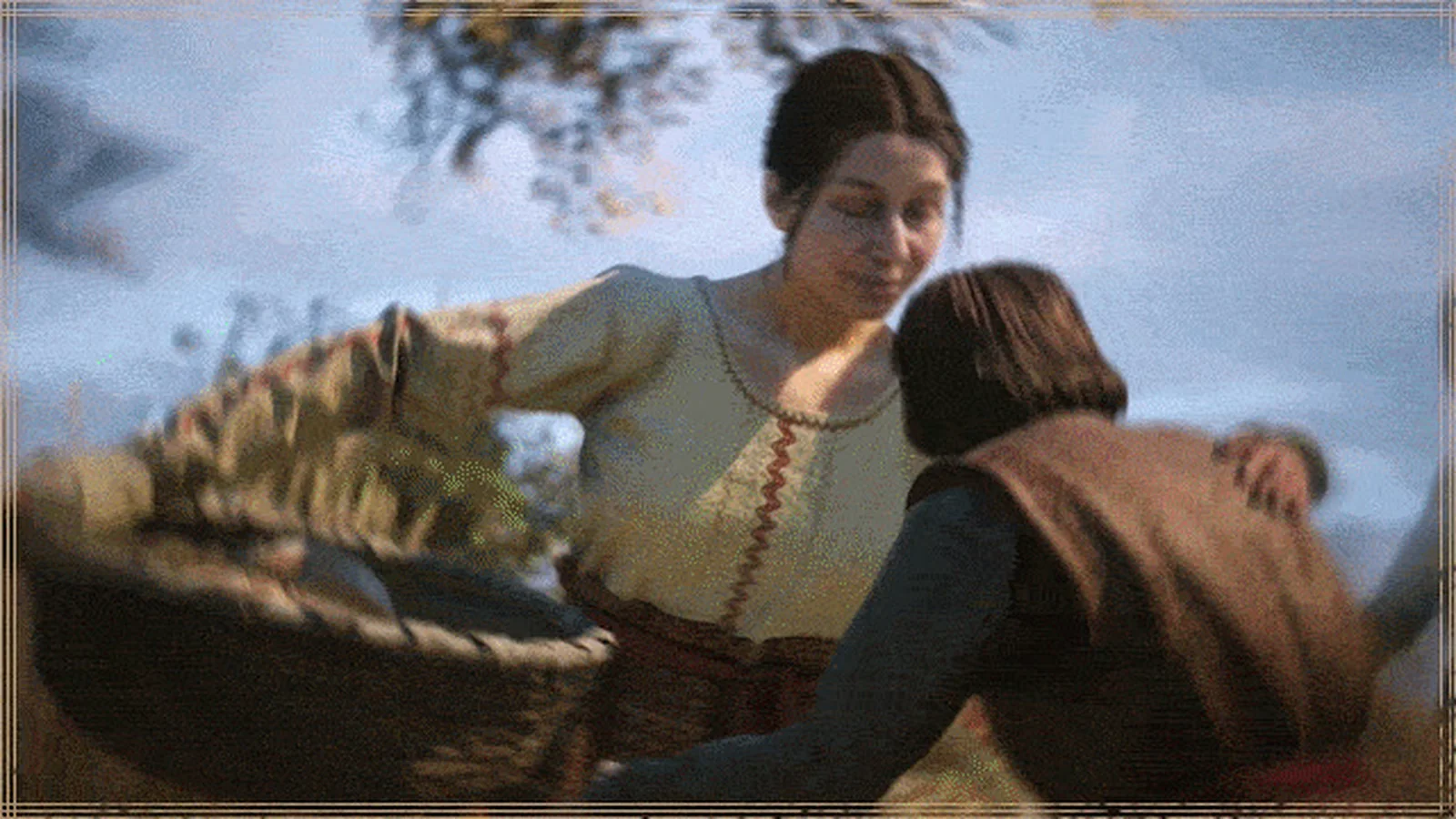 Esme steadies one of her children beside a wooden cart