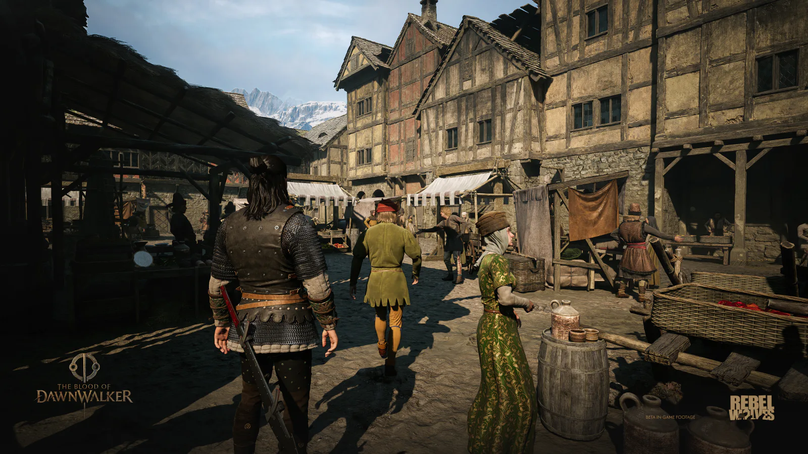 Coen walks through a busy medieval town in The Blood of Dawnwalker