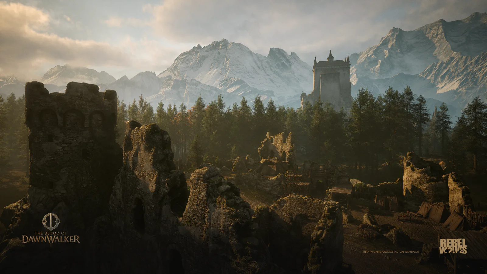 Castle ruins and mountains in Vale Sangora from The Blood of Dawnwalker