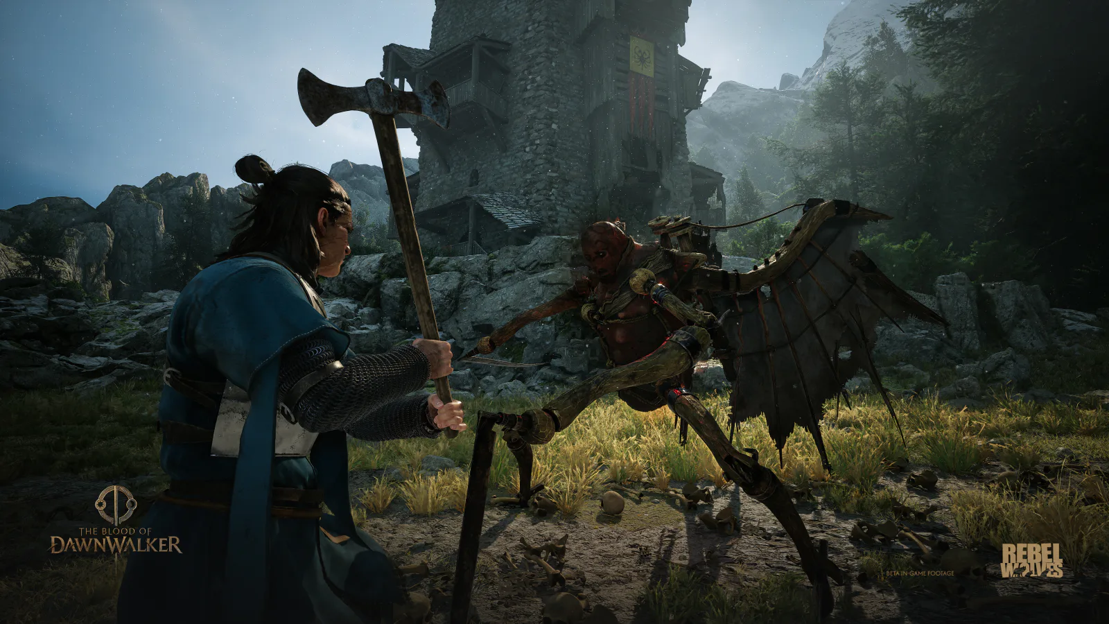 Coen fights an armored opponent in The Blood of Dawnwalker