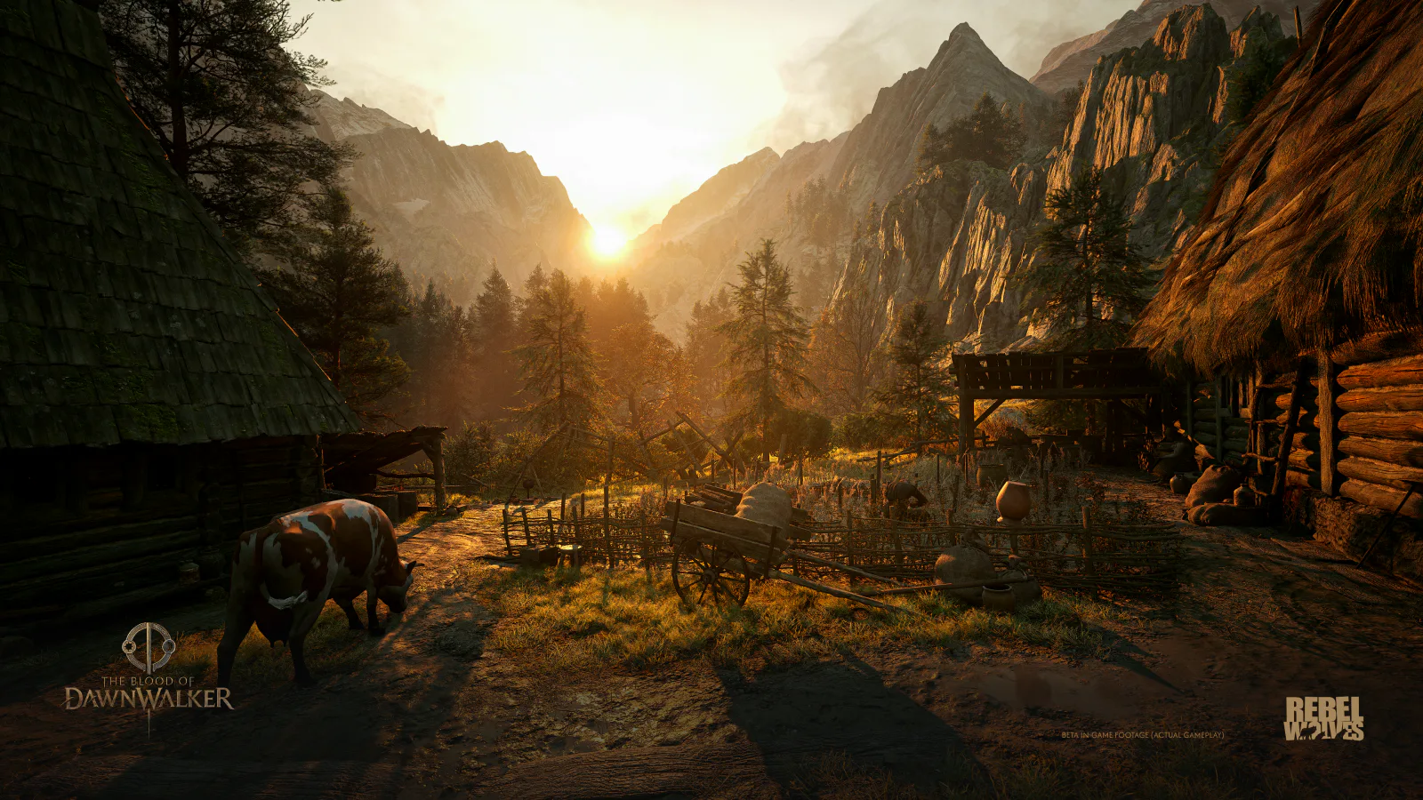 A sunlit mountain village in the open world of The Blood of Dawnwalker